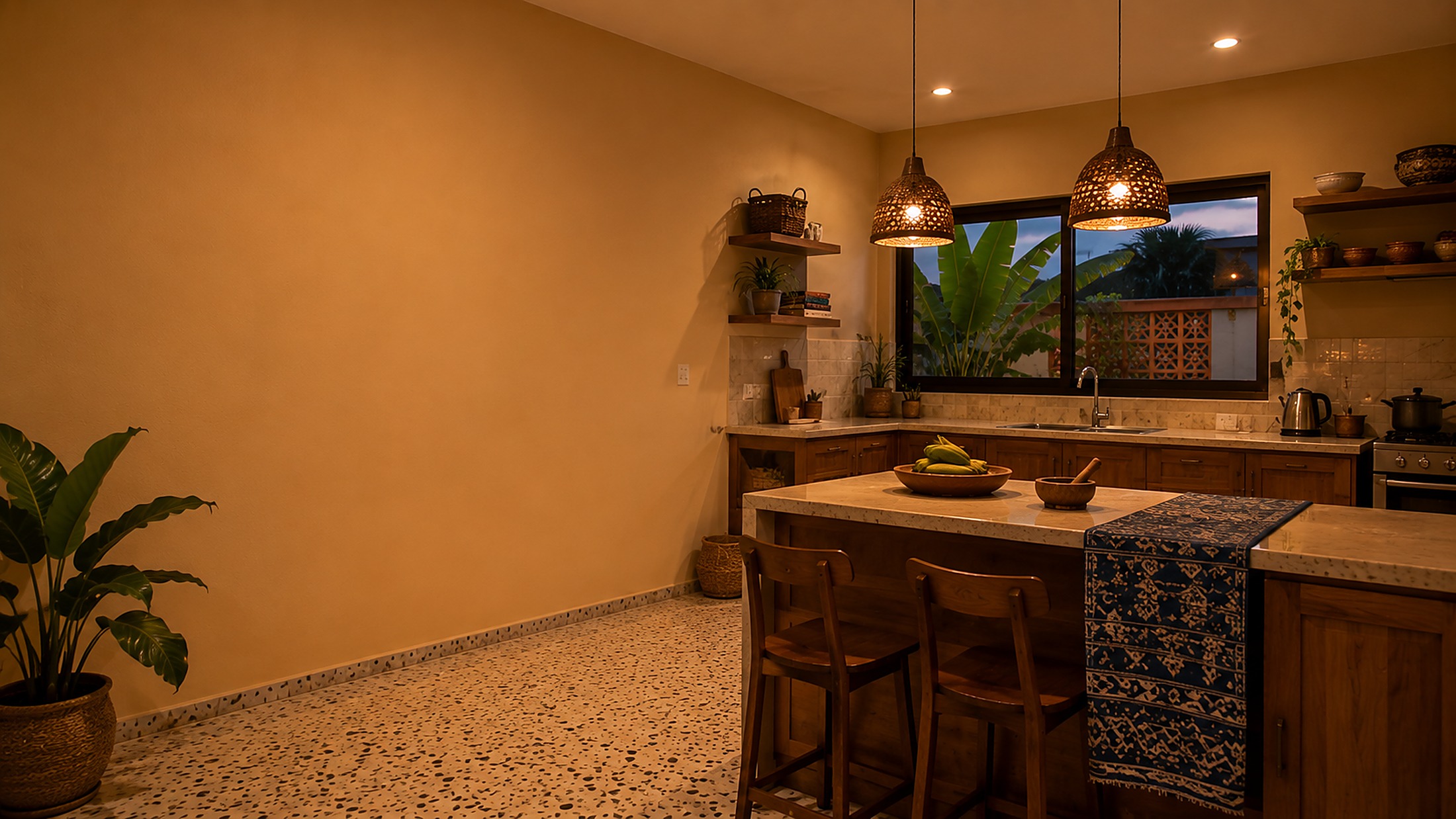 A warmly lit Lagos kitchen
